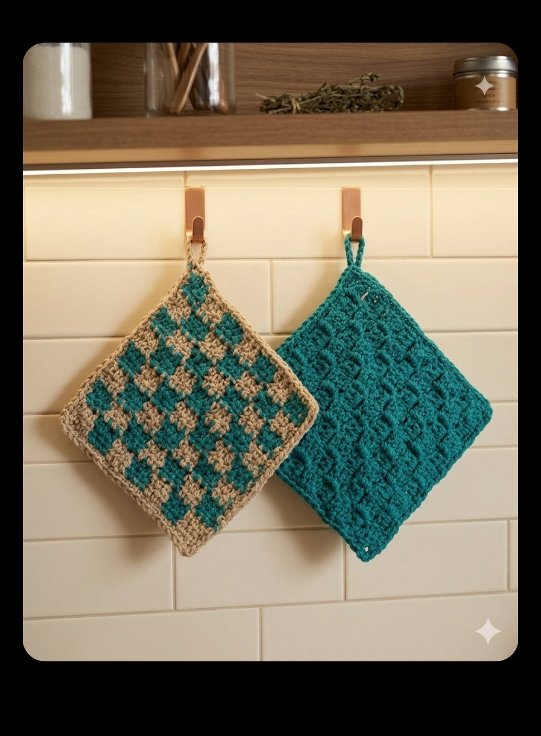 Hand-Crocheted Acrylic Potholders: Checkered and Teal Kitchen Textiles